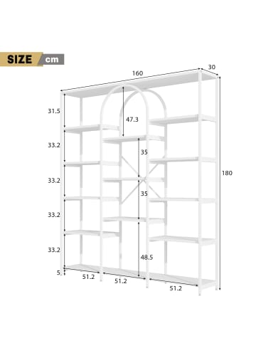 ABRIHOME Regal in Weiß 160x29,5x180 cm Stahl Rechteckig für Wohnzimmer