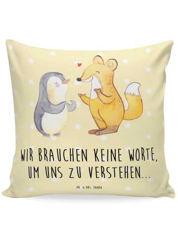 Mr. & Mrs. Panda Kissen 40x40 Fuchs & Pinguin gehörlos mit Spruch in Gelb Pastell