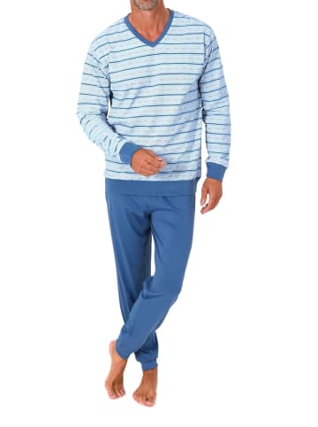 NORMANN Langarm Schlafanzug Pyjama Streifen in hellblau