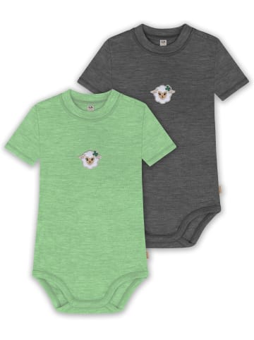 Normani Outdoor Sports 2er Set Baby Kurzarmbody aus Merinowolle in Grün/Anthrazit