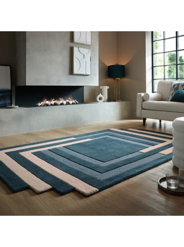 KADIMA DESIGN Wollteppich Labyrinth Muster, Geometrisch, Wohnzimmer in Türkis-Beige