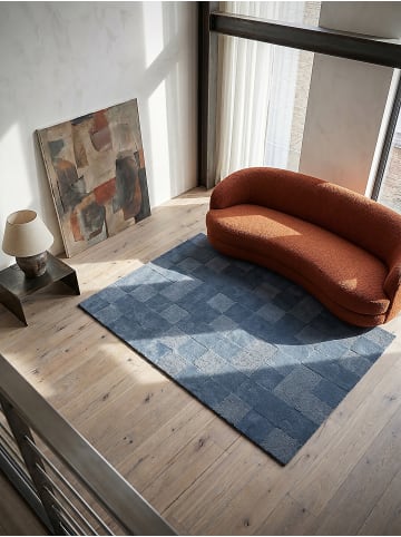 KADIMA DESIGN Wollteppich Kurzflor DEBEN Geometrisch Karo Naturfaser in Blau