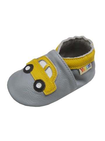 Yalion Hellgraue Babyschuhe aus echtem Leder mit rutschfester Sohle– gelbem Auto-Muster