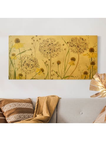 WALLART Leinwandbild Gold - Allium und Helenium Illustration in Creme-Beige