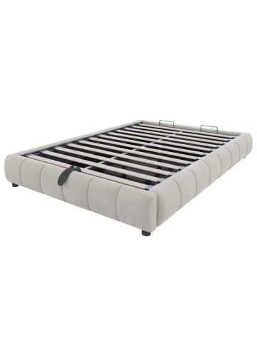 ABRIHOME Einzelbett 140 x 200 cm Schwebebettrahmen mit Stauraum und LED Lichtleiste, Beige