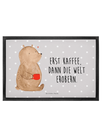 Mr. & Mrs. Panda Fußmatte Bär Kaffee mit Spruch in Grau Pastell
