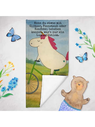 Mr. & Mrs. Panda Strandtuch Einhorn Radfahrer Design mit Spruch in Weiß