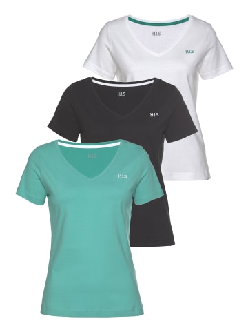 H.I.S. T-Shirt in schwarz, weiß, türkis