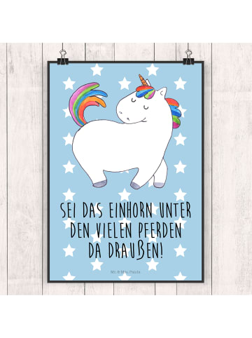 Mr. & Mrs. Panda Poster Einhorn Stolzieren mit Spruch in Blau Pastell