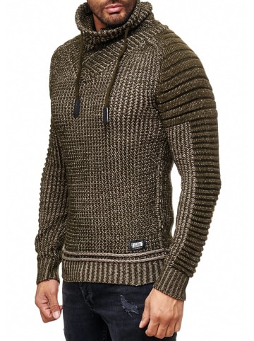 Rusty Neal Stehkragen Grobstrick Biker Pullover mit Hohem Rollkragen in Khaki