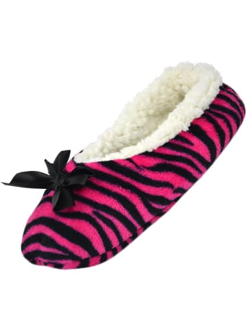 normani Damen-Slipper Hausschuhe mit Schleife in Zebra/Pink