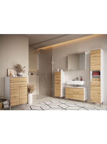 KADIMA DESIGN Waschbeckenunterschrank, Weiß-Eiche, 80x34x56 cm, Chromfüße, Stauraum