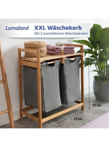 Lumaland Wäschekorb Bambus 73x64x33cm dunkelgrau 2 Wäschesäcke ausziehbar grau
