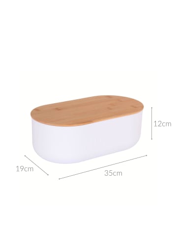 Excellent Houseware Weißer Brotkasten aus Kunststoff, Bambusdeckel in Weiß, 35 x 19 x 12 cm