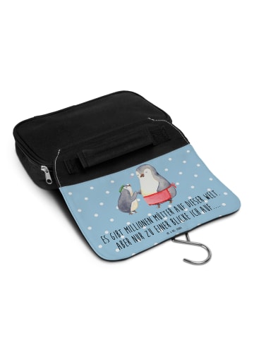 Mr. & Mrs. Panda Kosmetikbeutel Pinguin mit Kind mit Spruch in Blau Pastell