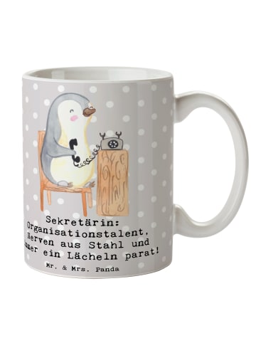 Mr. & Mrs. Panda Teetasse Sekretärin Heldin mit Spruch in Grau Pastell