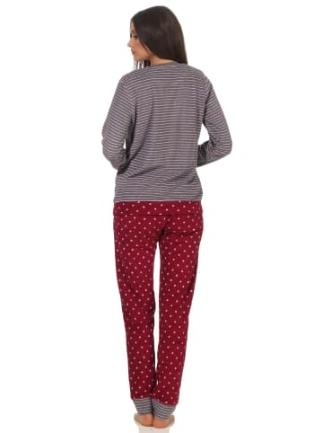 NORMANN Frottee Schlafanzug langarm Bündchen Tupfen Optik in Ringel rot