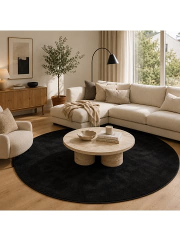 Hochflor-Teppich Melia Rund in schwarz