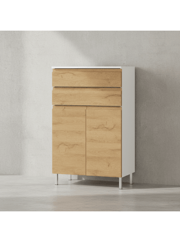 KADIMA DESIGN Kommode mit Schubladen, 60x34x97 cm, Badezimmerschrank, Weiß/Braun