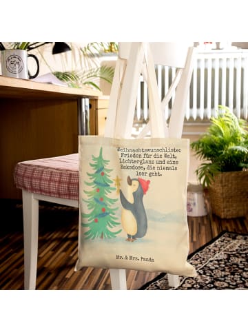 Mr. & Mrs. Panda Tote Bag Pinguin Weihnachtsbaum Design mit Spruch in Weiß
