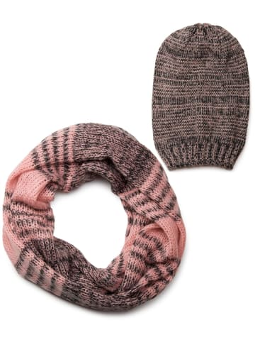 styleBREAKER Strick Loop und Beanie Set in Schwarz-Rosa