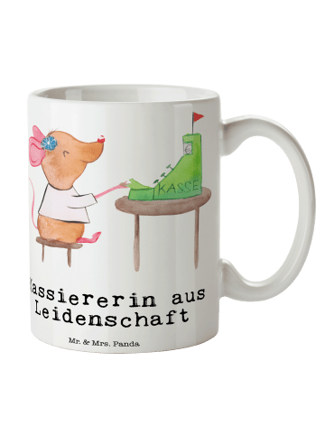 Mr. & Mrs. Panda Kaffeetasse Kassiererin Leidenschaft mit Spruch in Weiß
