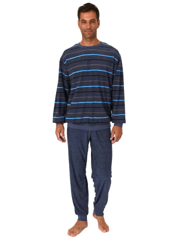 NORMANN Frottee Schlafanzug langarm Bündchen Streifen - 75507 in blau