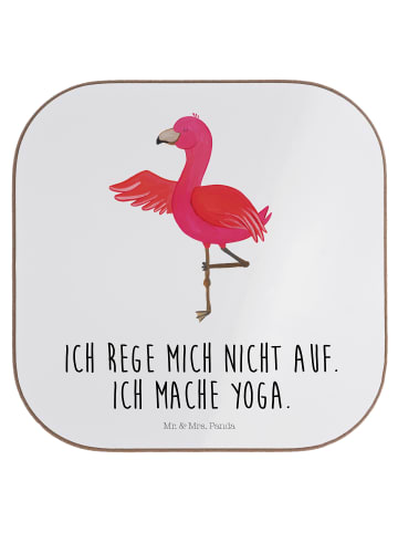 Mr. & Mrs. Panda Getränkeuntersetzer Flamingo Yoga mit Spruch in Weiß