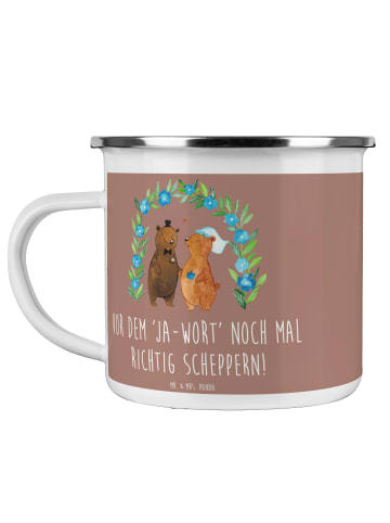 Mr. & Mrs. Panda Camping Emaille Tasse Polterabend Spaß mit Spruch in Braun Pastell