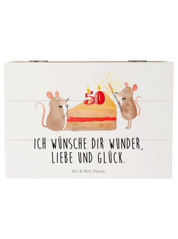 Mr. & Mrs. Panda Holzkiste 50. Geburtstag Mäuse Kuchen mit Spruch in Weiß