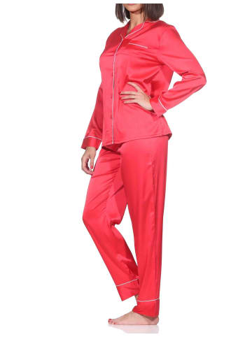 NORMANN Satin Schlafanzug langarm Pyjama Knopfleiste in rot