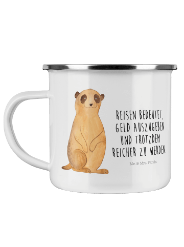 Mr. & Mrs. Panda Camping Emaille Tasse Erdmännchen mit Spruch in Weiß