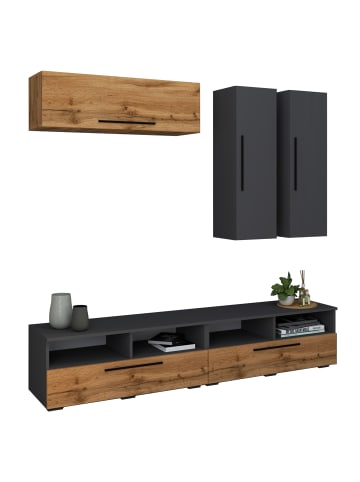 VCM Schrankwand Wohnzimmer Anbauwand Wohnwand Arila XL in Anthrazit / Honig-Eiche