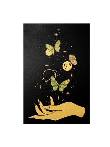 WALLART Leinwandbild Gold - Zaubernde Hand - Schmetterlinge Planeten in Schwarz