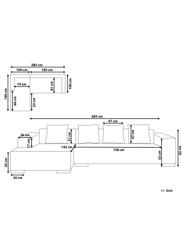 Beliani Ecksofa LUNGO in Weiß/Schwarz - (W) 285 x (H) 62 x (L) 160 cm