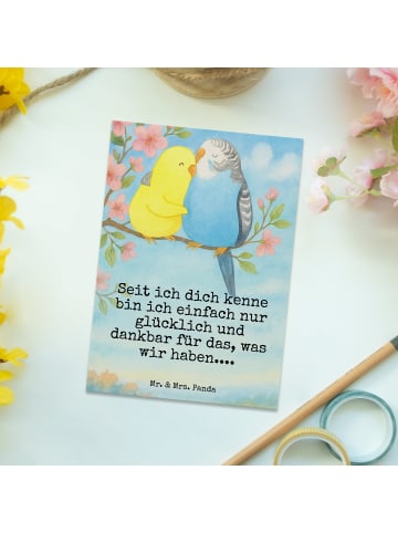 Mr. & Mrs. Panda Postkarte Wellensittich Liebe Design mit Spruch in Weiß