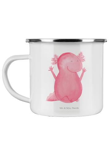 Mr. & Mrs. Panda Camping Emaille Tasse Axolotl Hurra ohne Spruch in Weiß