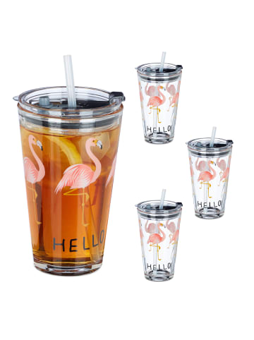 relaxdays 4x Glasbecher "Flamingo" in Transparent/ Pink - 450 ml