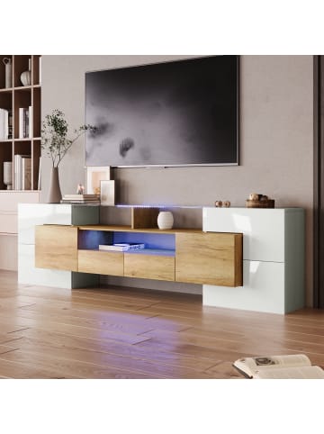 ABRIHOME TV Schrank in Hochglanz Weiß 200 cm mit LED Beleuchtung und Glasoberfläche