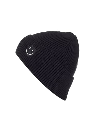 Faera Strickmütze mit Smiley und feinem Rippenstrick in Schwarz