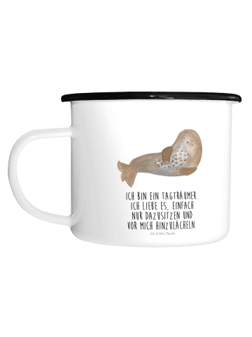 Mr. & Mrs. Panda XL Emaille Tasse Robbe Lachen mit Spruch in Weiß