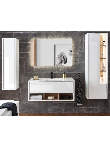 Furn.Design Badmöbel-Set weiß Hochglanz, Eiche mit Waschbecken und LED Beleuchtung