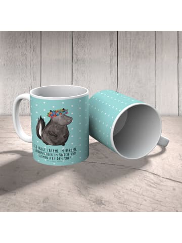 Mr. & Mrs. Panda Kaffeetasse Stinktier  mit Spruch in Türkis Pastell