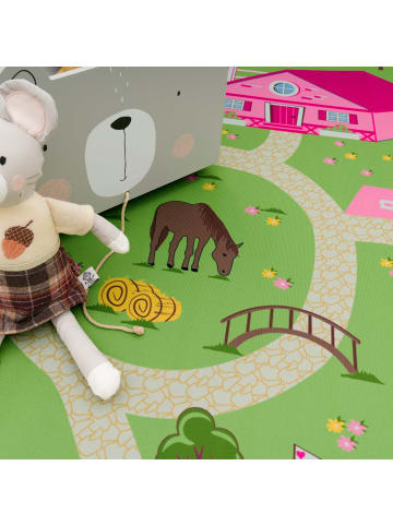 KADIMA DESIGN Kinderteppich waschmaschinenwaschbar Bauernhof‑Straßen Kinderzimmer in Grün
