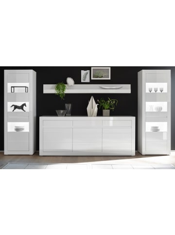 Furn.Design Wohnwand weiß Hochglanz, Stone Design grau 4-teilig, Anbauwand mit Soft-Close