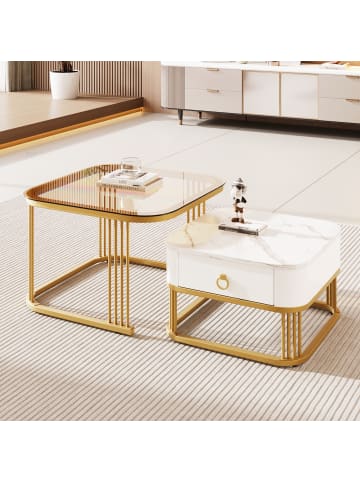 ABRIHOME Weißes Couchtisch-Set (2-teilig) mit Marmor-Glasplatte und Metallrahmen