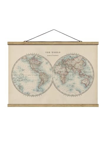 WALLART Stoffbild - Vintage Weltkarte Die zwei Hemispheren in Creme-Beige