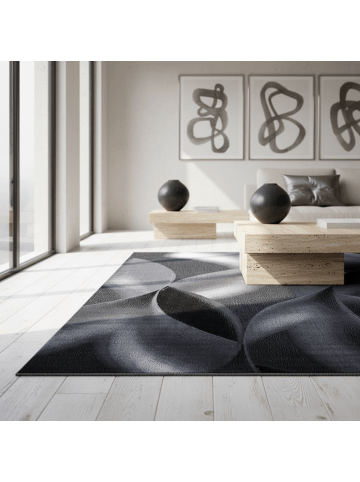 KADIMA DESIGN Teppich Kurzflor Waschbar Wellen INN Strapazierfähig OEKO-TEX in Schwarz