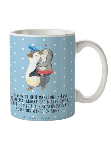 Mr. & Mrs. Panda Kaffeetasse Pinguin Kleine Schwester mit Spruch in Blau Pastell