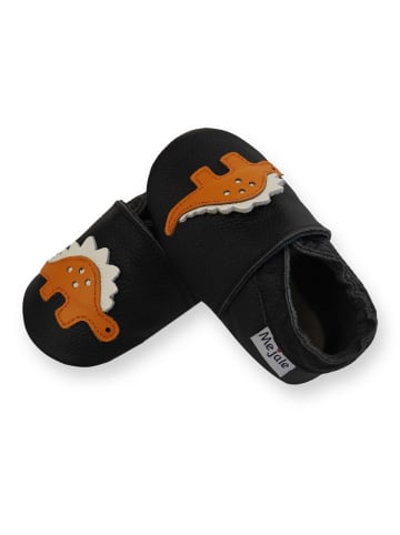Mejale Schwarze Babyleder-Kleinkindschuhe, rutschfeste Sohle - Triceratops-Muster